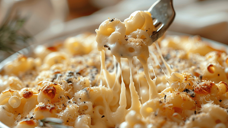 A forkful of gooey macaroni and cheese
