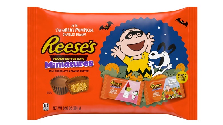 Package of Charlie Brown Halloween miniature Reese's cups on white background
