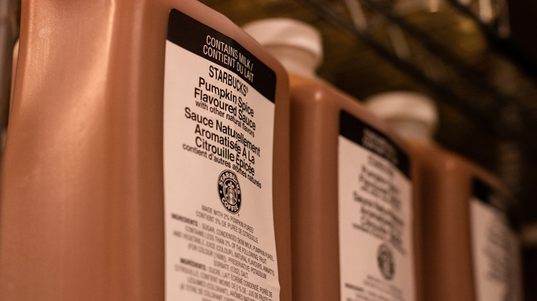 Rows of Starbucks pumpkin spice flavored sauce