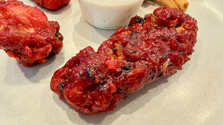 Close-up of tender with gummy bits visible