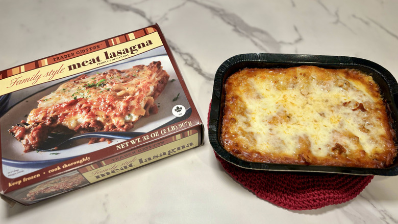 Box and container of Trader Joe's lasagna