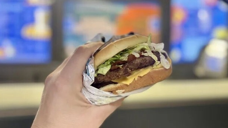A close-up of the cheeseburger from Sonic Drive-In.