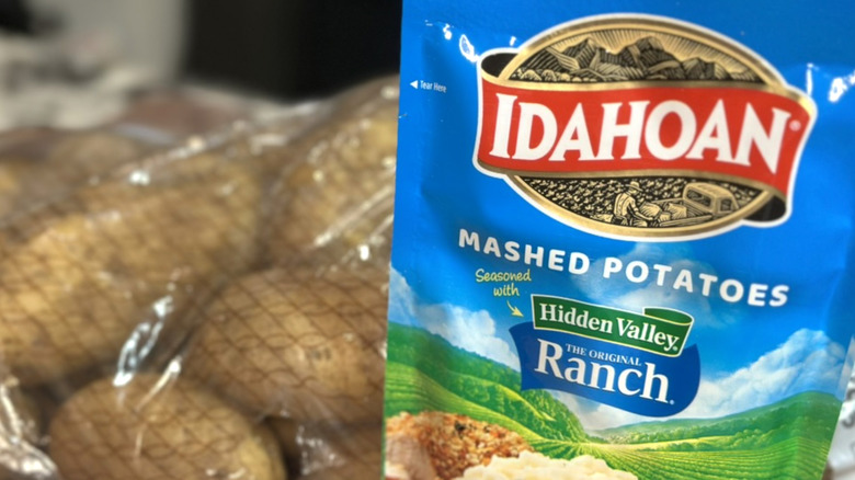 Closeup of Idahoan instant mashed potatoes with Hidden Valley Ranch seasoning