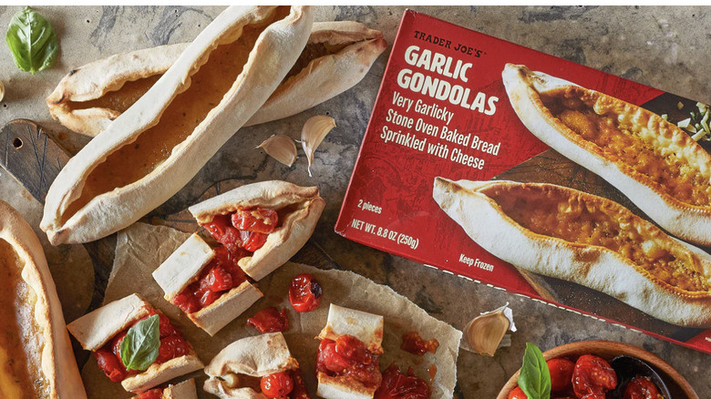 Cooked garlic gondolas next to box from Trader Joe's