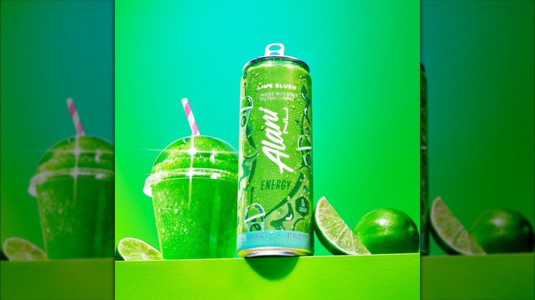 Alani Nu Lime Slush can and a lime slushie on a stylized green background.