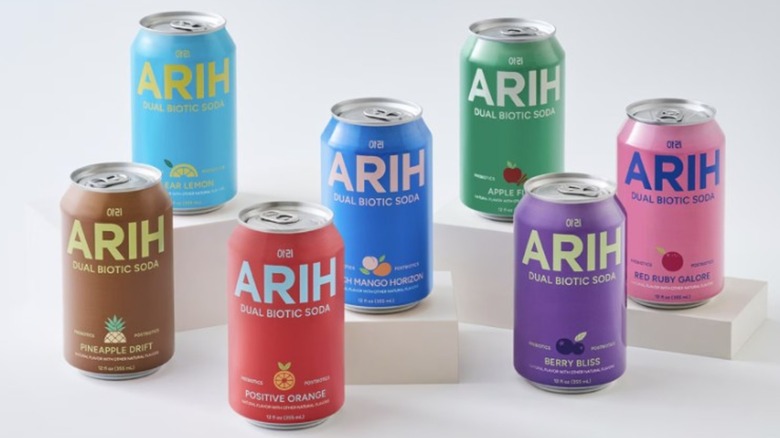 A display of ARIH dual biotic soda cans.
