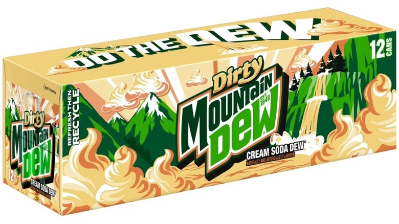A 12-pack of Dirty Mountain Dew soda on a white background
