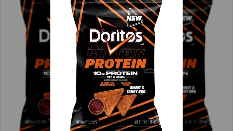 A bag of Doritos Protein Sweet & Tangy BBQ Chips on a white background.