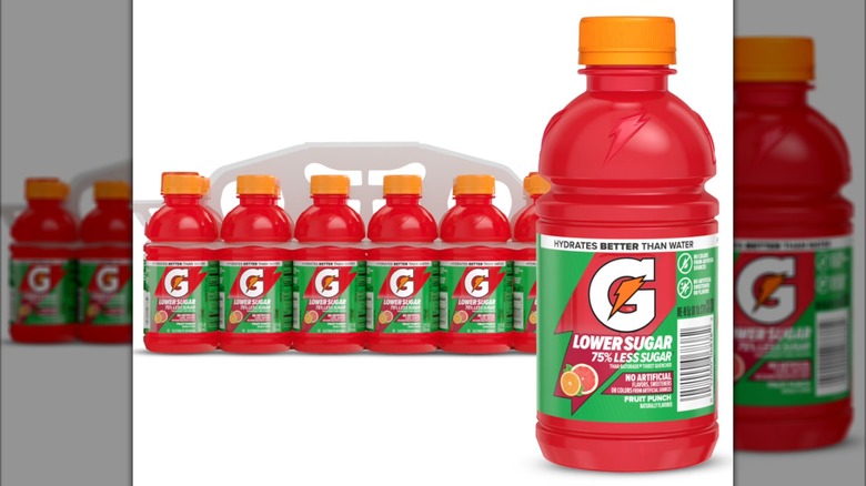 A 12-pack of lower sugar Gatorade on a white background.