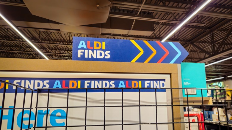 A closeup of the Aldi Finds area with office supplies in the background