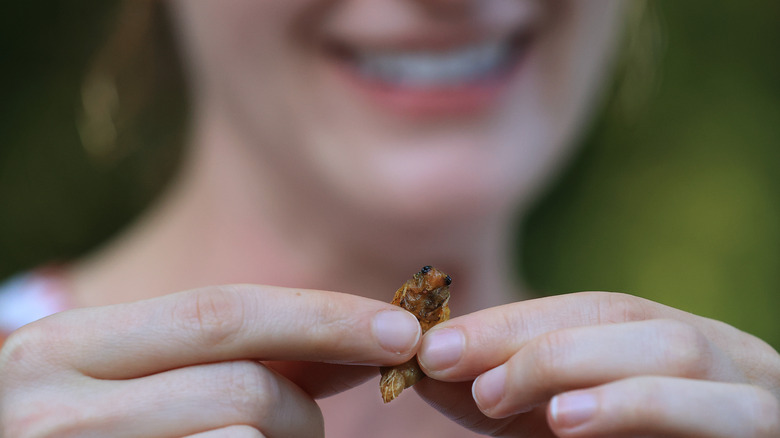 Woman holding cicada