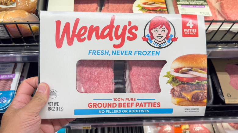A package of Wendy's burger patties in a Kroger grocery store