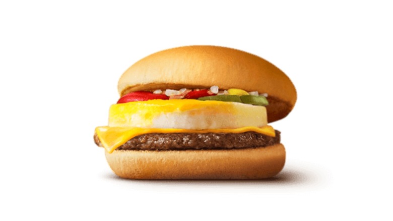 The Egg Cheeseburger from McDonald's Japan on a white background.
