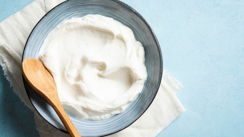A bowl of yogurt on a blue background with a wooden spoon