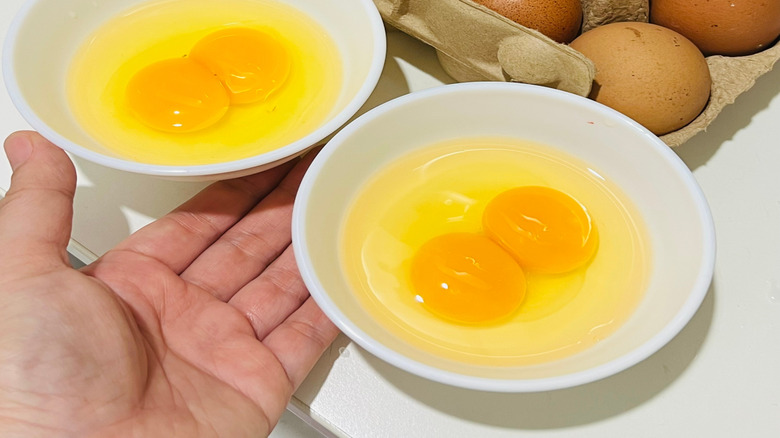 A carton of brown eggs next to two bowls of double-yolked eggs