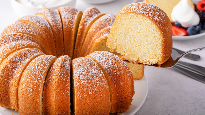 A Bundt cake with a slice removed