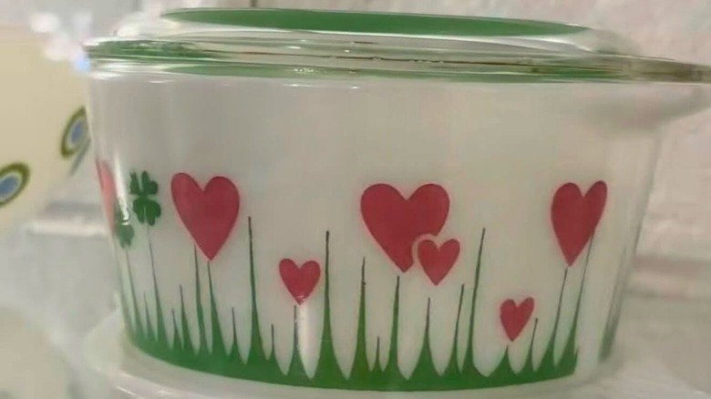 A Lucky in Love Pyrex dish on display at Pyrex Fest