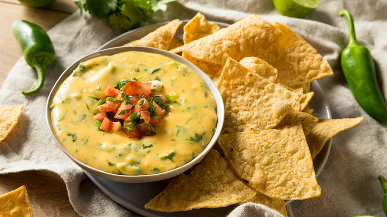 A bowl of creamy queso dip topped with salsa and served with tortilla chips