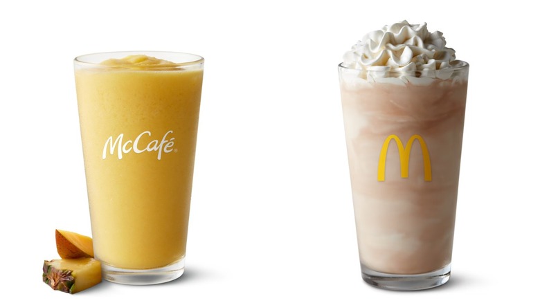 L: A Mango Smoothie from McDonald's R: A Chocolate milkshake with whipped cream from McDonald's