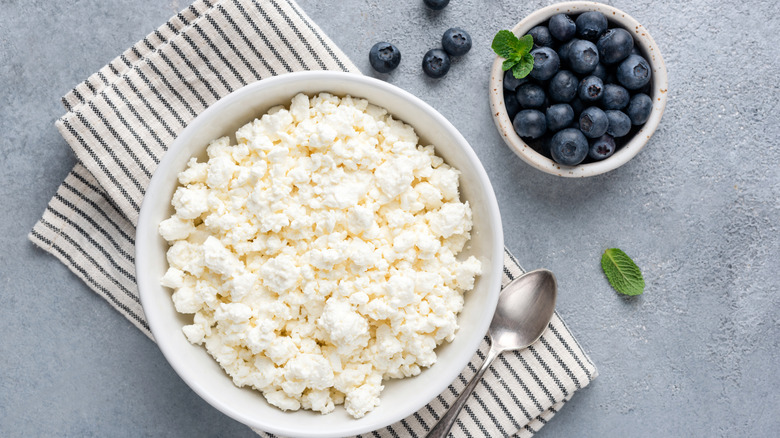 A white bowl of cottage cheese next to a dish of blueberries