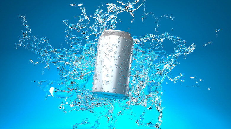 Can of water on blue background