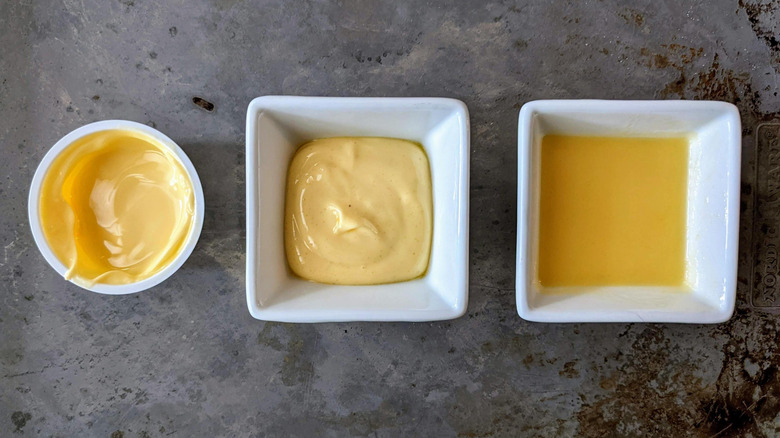 three bowls of garlic sauce