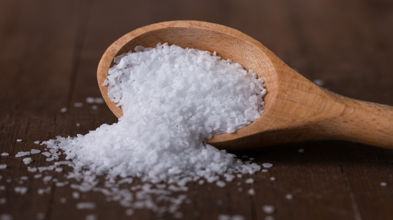 Kosher salt spilling from a small spoon