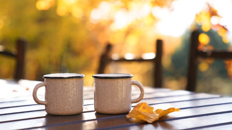 Two coffee cups on an outdoor table