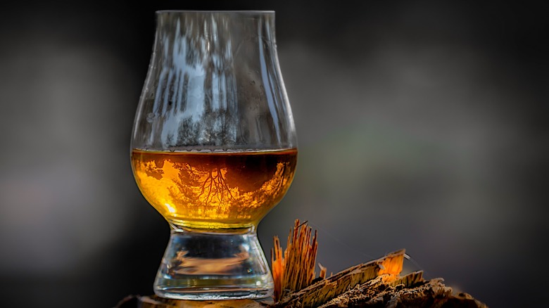 A Glencairn glass filled with whiskey