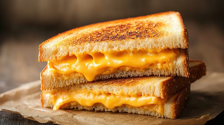 Two grilled cheese sandwiches stacked on top of one another.