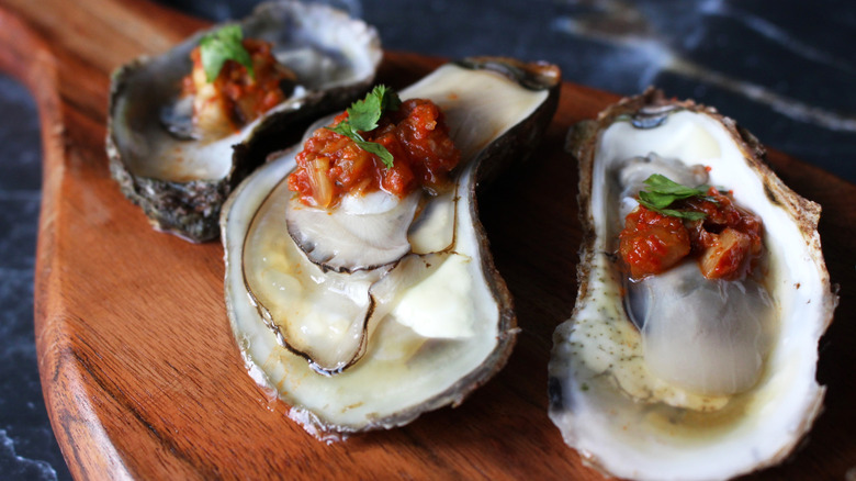 Malpeque oysters topped with kimchi