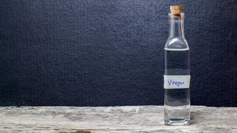 Clear, corked bottle of vinegar in front of dark background