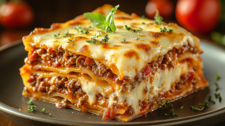 A square of homemade lasagna with meat, tomatoes, and cheese