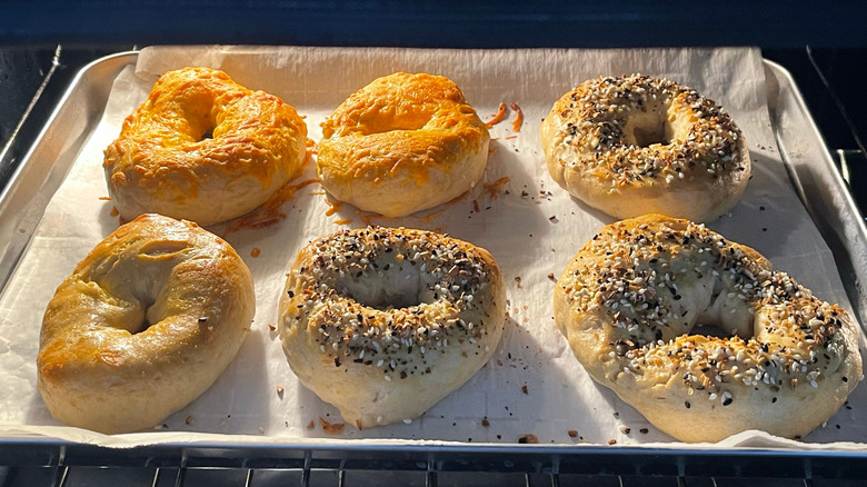 bagels with different toppings baking in oven