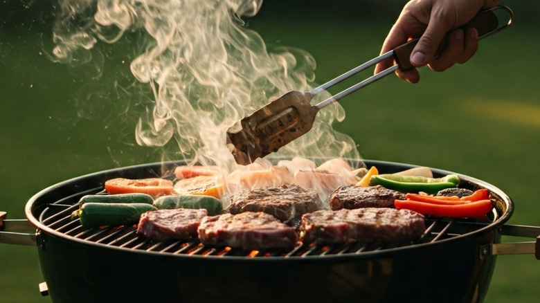 Close up of charcoal grill and hand turning meats on it.